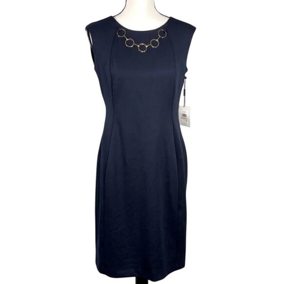 Calvin Klein NWT Navy Blue Sheath Dress with Gold Chain Detail Size 10 - Picture 8 of 8